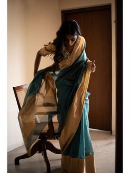 PRIYANKA RAAJIV - Lopa Teal Silk Chanderi Saree with Unstitched Blouse