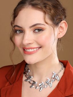 PRITA - Pearl Studded Designer Leaf Link Silver-Plated Necklace