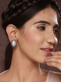 PRITA - White Pearl Oval Oxidised Silver Stud Earrings