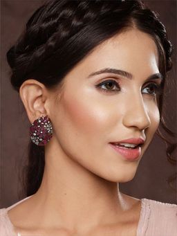 Priyaasi - Purple Floral Teardrop American Diamond Silver-Plated Stud Earrings