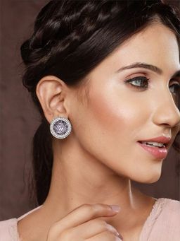 Priyaasi - Purple Round American Diamond Silver-Plated Stud Earrings