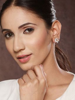 Priyaasi - Flower Pearl American Diamond Silver-Plated Stud Earrings Set