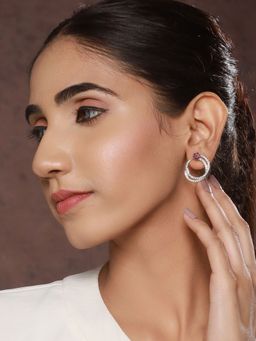 Priyaasi - Purple Studded Flower American Diamond Wave Drop Earrings