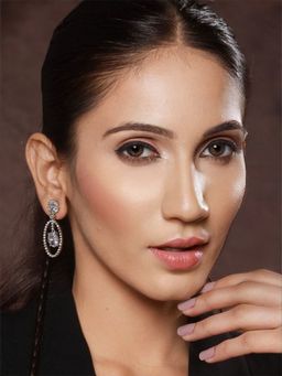 Priyaasi - White Floral Oval Stone Studded Silver-Plated Drop Earrings