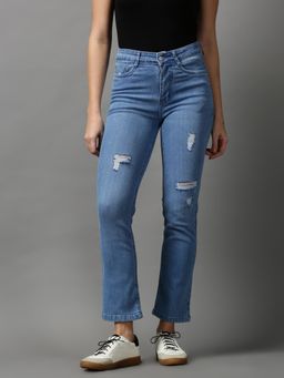 SHOWOFFFF - Womens Mildly Distressed Regular Fit Blue Denim Jeans