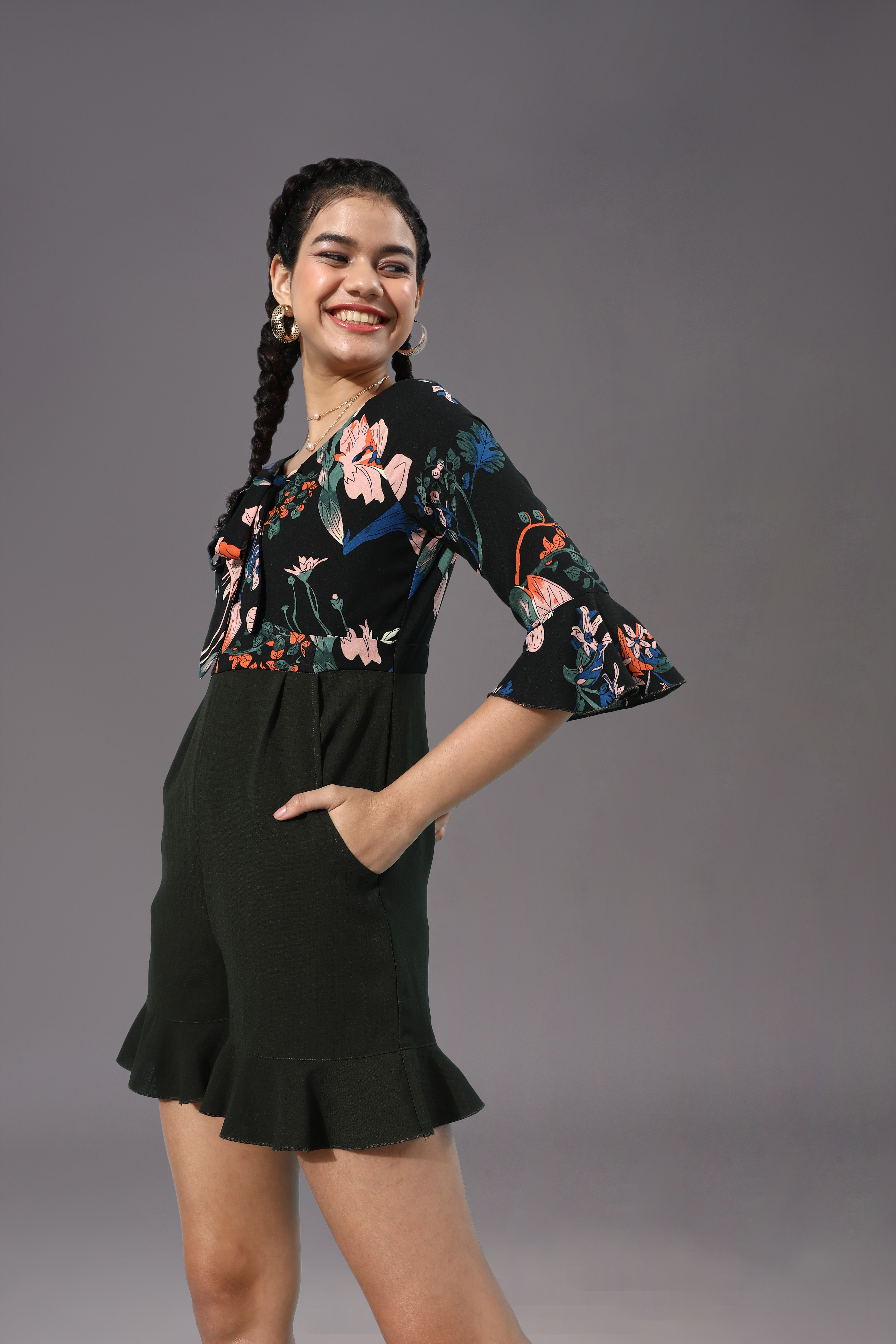 miss chase Women Multi-coloured- Base- Green V Neck 3/4 Sleeve Floral Ruffled Mini Playsuit-picture-15