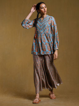 Ritu Kumar - Aqua Blue Printed Kurti with Palazzo Co-Ord (Set of 2)