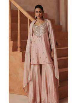 Basanti Kapde aur Koffee - Pink Elan Rose Embroidered Sharara with Kurta and Dupatta