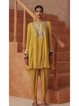 Basanti Kapde aur Koffee - Mustard Ochre Lumiere Embroidered Peplum Kurta with Dhoti Pants