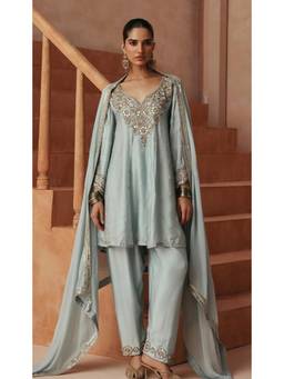 Basanti Kapde aur Koffee - Blue Celestia Silver Mist Embroidered Kurta with Pant and Dupatta