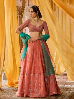 Zoon - Embroidered Coral Lehenga with Blouse and Dupatta