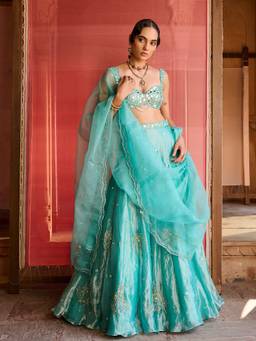 Zoon - Embroidered Turquoise Lehenga with Blouse and Dupatta