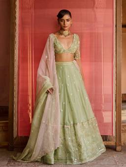 Zoon - Embroidered Green Lehenga with Blouse and Dupatta