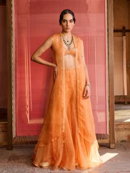 Zoon - Embroidered Orange Bustier with Palazzo and Jacket
