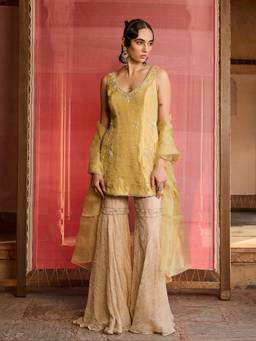 Zoon - Embroidered Yellow Kurta with Sharara and Dupatta