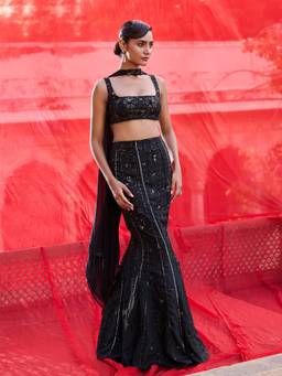 Zoon - Embroidered Black Skirt with Blouse and Scarf