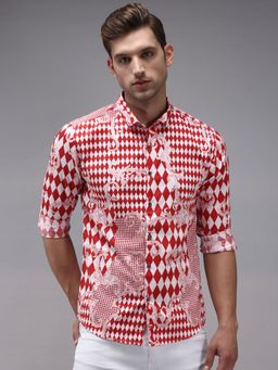 SHOWOFFFF - Men Red Collar Neck Abstract Print Comfort Fit Shirt