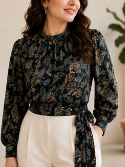 Oxolloxo - Black Floral Print Tie -Up Detail Top