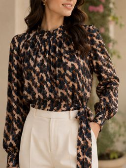 Oxolloxo - Multicolour Animal Print Tie -Up Detail Dobby Top
