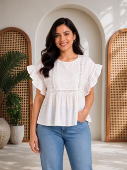 Oxolloxo - White Lace and Embroidered Detail Short Flutter Sleeve Cotton Top