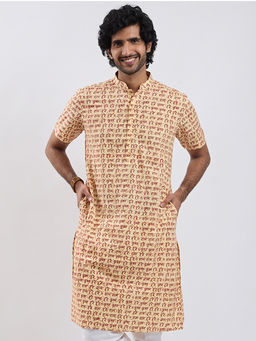 Vastramay - Men Cotton Half Sleeves Hare Krishna Hare Ram Printed Kurta