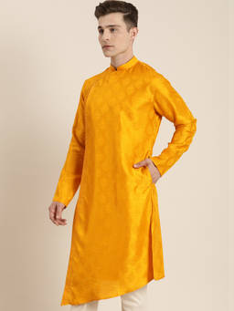 Vastramay - Men Yellow Angrakha Silk Blend Kurta