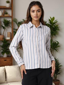 Style Quotient - Women White Stripe Printed Formal Polyester Shirt