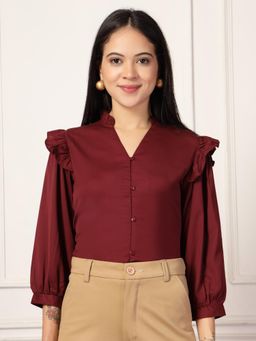 Style Quotient - Women Solid Maroon Polyoses Formal Shirt