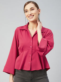 RARE - Women Casual Red Colour Shirt Collar Solid Regular Top