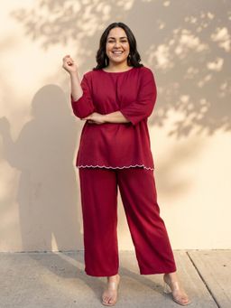 Globus - Women Maroon Plus Size Solid Co-Ord Set