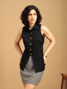 BLANC9 - Women Black Solid-Stripes Shirt with Skirt
