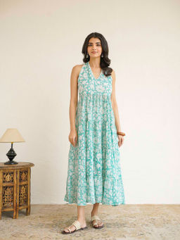GOODHAND - Women Sea Green Floral Printed Tiered Halter Neck Dress