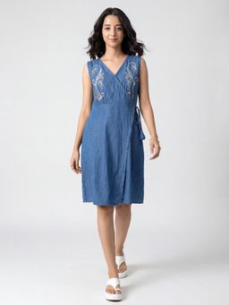 JULIANA DREAM - Women Cotton Denim Blue Floral Embroidered Wrap Dress