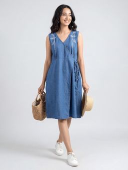 JULIANA DREAM - Women Cotton Denim Blue Floral Embroidered Wrap Dress