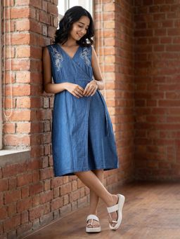 JULIANA DREAM - Women Cotton Denim Blue Floral Embroidered Wrap Dress
