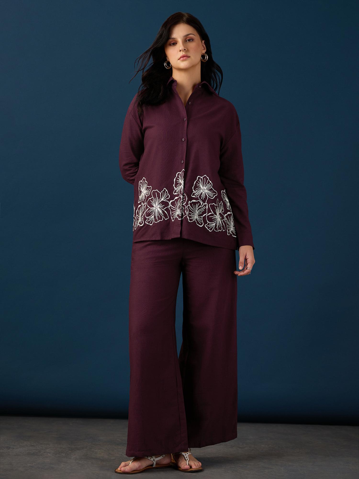globus Women Wine Floral Embroidered Co-Ord Set-picture-29
