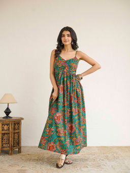 GOODHAND - Women Green Floral Printed Long Strappy Dress