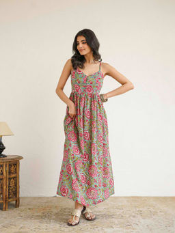 GOODHAND - Women Grey Floral Printed Long Strappy Dress