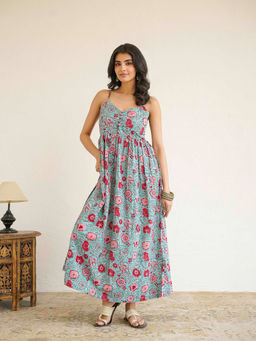 GOODHAND - Women Sky Blue Floral Printed Long Strappy Dress