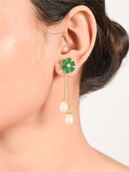 Ratnavali Jewels - Green American Diamond CZ Gold Plated Dangle Drop Removable Pearl Stud Earrings