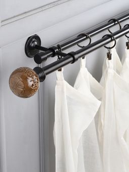 The Decor Mart - 84"-144" Floral Emboss Ceramic Finial Extendable Double Curtain Rod Black 19Mm