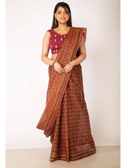 Unnati Silks - Maroon Pure Krisha Block Printed Cotton Saree with Unstitched Blouse