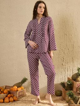 SAY - Women Purple Geometric Printed Night Suit (Set of 2)
