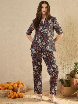 SAY - Women Black Floral Printed Night Suit (Set of 2)