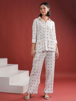 SAY - Women Printed White Shirt and Pyjama Nightwear (Set of 2)