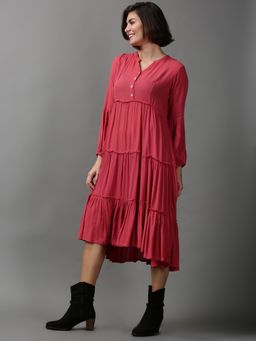 SHOWOFF - Womens Mandarin Collar Solid Pink Midi Dress