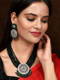 Silvermerc Designs - Silver Plated White & Green American Diamond Stone Studded Jewellery (Set of 2)