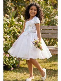 Lagorii - White Party Dress with Sequin Bow and 3D Flower Detail For Girls