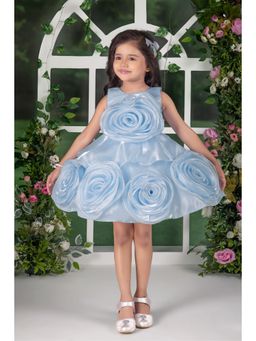 Lagorii - Blooming Princess Ice Blue Rosette Embellished Party Dress For Girls