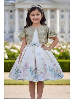 Lagorii - Ivory Floral Party Wear Dress with Golden Jacket and Bow Waist Accent